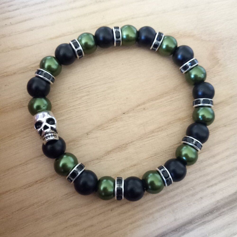 Skull Charm Stretch Bracelet, Green Pearls, Gothic, Skeleton, Black Beads